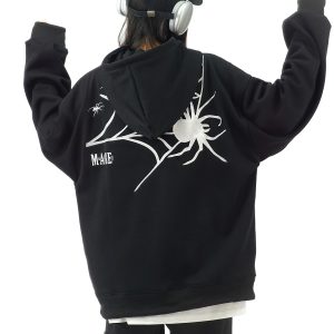 Heavy-Duty Spider Embroidery Winter Fleece Hoodie for Women - Trendy Couple Sweatshirt in National Style