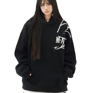 Heavy-Duty Spider Embroidery Winter Fleece Hoodie for Women - Trendy Couple Sweatshirt in National Style
