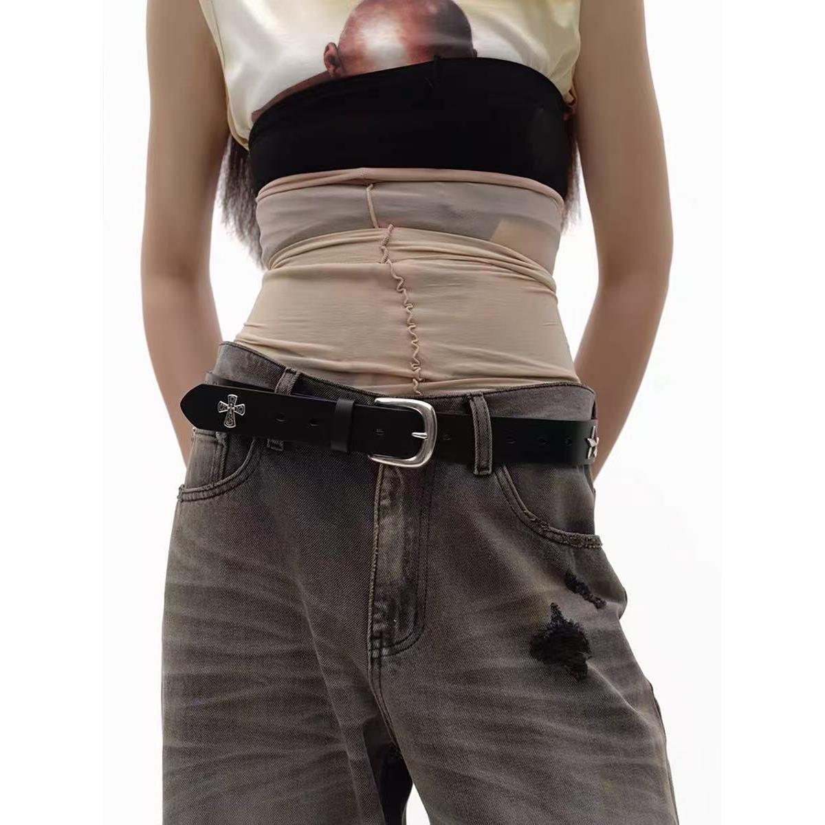 Heavy Industry Embossed Metal Studs Cowhide Belt - Versatile Waist Decoration for Trendy 90s and Y2K Styles