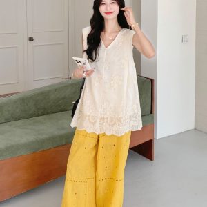 Heavy Industry Embroidery Sleeveless V-Neck Vest & Wide-Leg Pants Two-Piece Set for Women - 2025 Summer Trendy Fashion