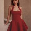High-End Backless Halter Dress for Women - Square Neck, Waist-Defining A-Line Mini Dress, Sexy French Style