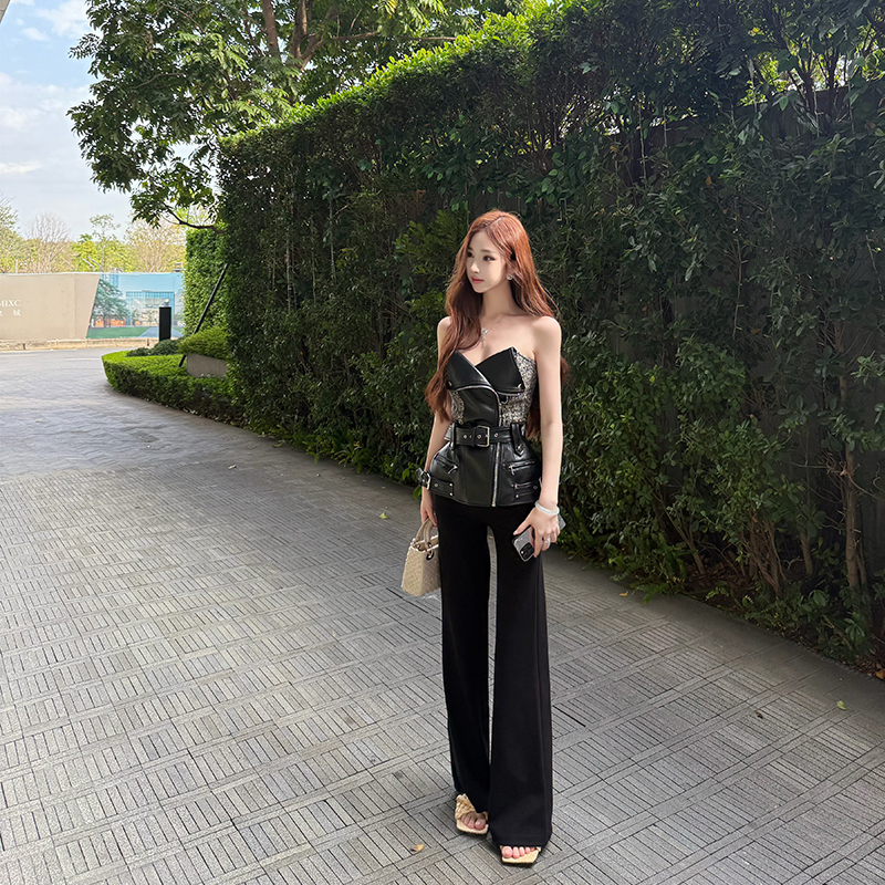 High-End Black Obsidian Sleeveless Bustier Top Jacket for Women - Waist-Cinching Heavy Industry Splicing Fashion Statement