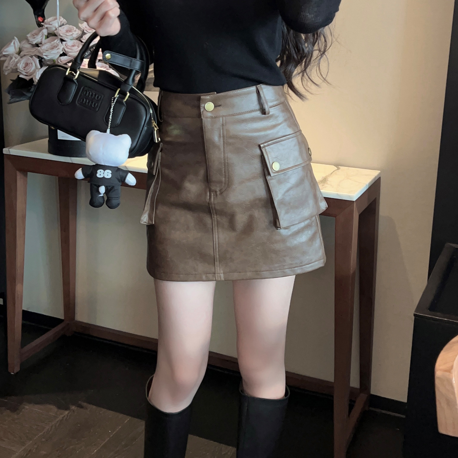 High-End Brown PU Leather A-Line Mini Skirt - Vintage High-Waisted Workwear Style