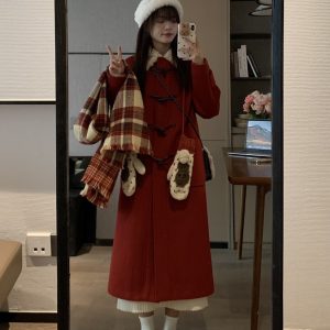High-End Chinese Style Thick Red Woolen Coat for Women - Slimming Winter Outfit for Christmas Celebrations