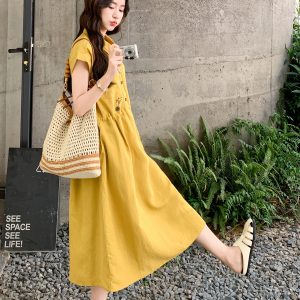 High-End Embroidered Lapel Dress for Women - 2025 Summer Style, Relaxed Fit High-Waisted Slimming Shirt Dress Trend