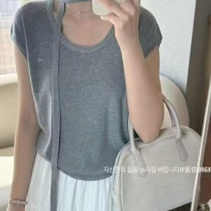 High-End European Women's Short Sleeve Knit Top with Unique Design, Stylish Thin Fabric, Distinctive Fashion for a Chic Look