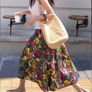 High-End Floral Midi Skirt for Women, High-Waisted A-Line Design, Summer Fashion for Pear-Shaped Figures