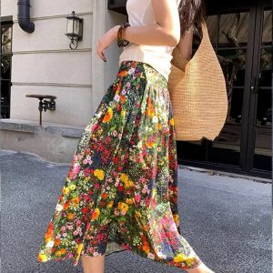 High-End Floral Midi Skirt for Women, High-Waisted A-Line Design, Summer Fashion for Pear-Shaped Figures