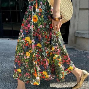 High-End Floral Midi Skirt for Women, High-Waisted A-Line Design, Summer Fashion for Pear-Shaped Figures