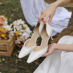 High-End French Style Lace Wedding Shoes for Brides - Comfortable White High Heels for Everyday Wear