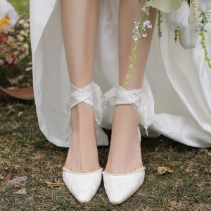 High-End French Style Lace Wedding Shoes for Brides - Comfortable White High Heels for Everyday Wear