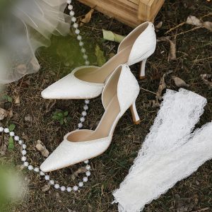 High-End French Style Lace Wedding Shoes for Brides - Comfortable White High Heels for Everyday Wear
