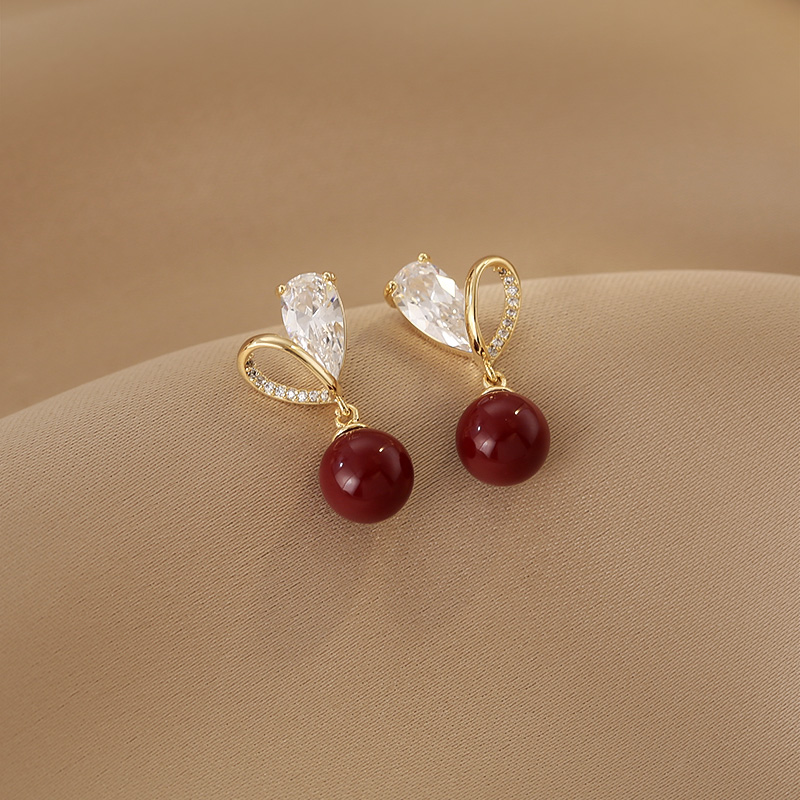 High-End Love Heart Red Pearl Earrings for Women - Festive National Style S925 Silver Needle - Perfect for Brides & New Year 2024