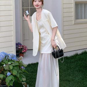 High-End Mesh Splicing Camisole Dress Set for Women - 2025 Summer Short-Sleeve Two-Piece Suit in Chic Style