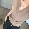 High-End Old Money Style Khaki V-Neck Short Sleeve Knitted Top for Women - Slim Fit Summer Fashion