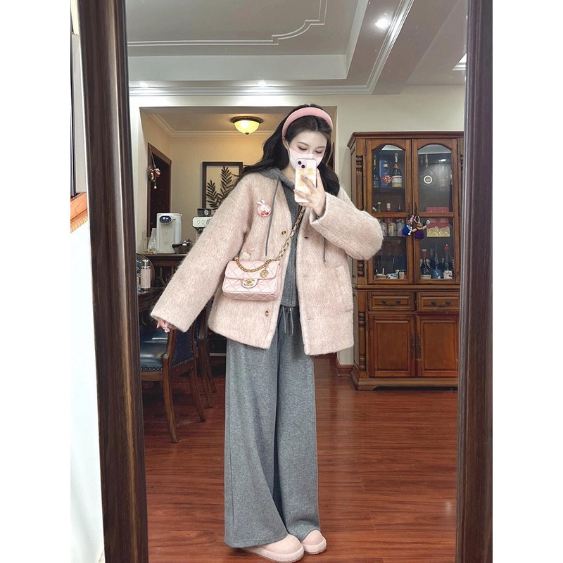 High-End Pink Woolen Coat Women's Casual Hoodie Jacket with Wide-Leg Pants for Winter Fashion