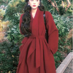 High-End Red Woolen Coat for Women - Elegant Tie-Waist Winter Jacket, Trendy Outerwear