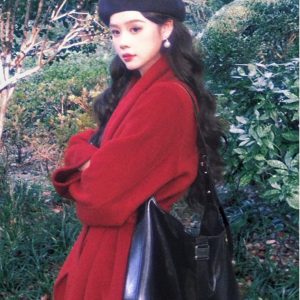 High-End Red Woolen Coat for Women - Elegant Tie-Waist Winter Jacket, Trendy Outerwear