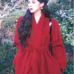 High-End Red Woolen Coat for Women - Elegant Tie-Waist Winter Jacket, Trendy Outerwear