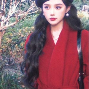 High-End Red Woolen Coat for Women - Elegant Tie-Waist Winter Jacket, Trendy Outerwear