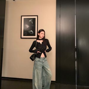 High-End Sheer Knitted Cardigan with Hanging Neck and Arc V-Neck - Pure Desire Wool Base Top for Chic Layering