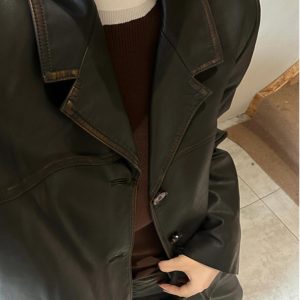High-End Vintage PU Leather Suit Jacket for Women - Spring Autumn Niche Design, Trendy Layering Piece, Elegant Fashion Statement