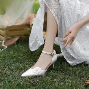 High-End White Satin Camellia Wedding Shoes - Hollow One-Strap High Heel Sandals for Daily Wear and Special Occasions