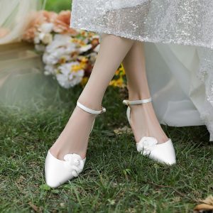 High-End White Satin Camellia Wedding Shoes - Hollow One-Strap High Heel Sandals for Daily Wear and Special Occasions