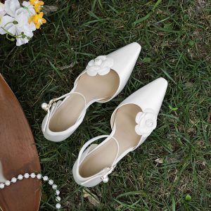 High-End White Satin Camellia Wedding Shoes - Hollow One-Strap High Heel Sandals for Daily Wear and Special Occasions