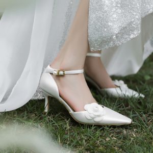 High-End White Satin Camellia Wedding Shoes - Hollow One-Strap High Heel Sandals for Daily Wear and Special Occasions