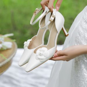 High-End White Satin Camellia Wedding Shoes - Hollow One-Strap High Heel Sandals for Daily Wear and Special Occasions