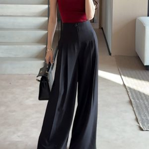 High-End Women's Black Wide-Leg Suit Pants - Breathable Pleated Design for Summer 2025, Personalized Fashion Style