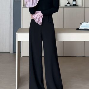 High-End Women's Black Wide-Leg Suit Pants for Summer 2025 - Fashionable Long Trousers for Petite Style