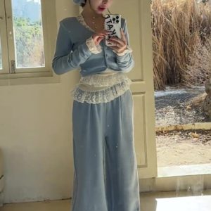 High-End Women's Slim-Fit V-Neck Top and Wide-Leg Pants Winter Outfit Set - 2025 Two-Piece Suit