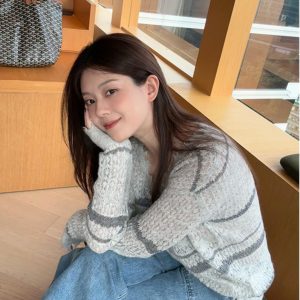 High-End Women's Spring Striped Lace Knitted Cardigan - Fashion Quality Layering Top for 90s & Y2K Styles