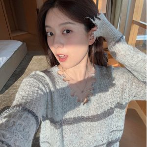 High-End Women's Spring Striped Lace Knitted Cardigan - Fashion Quality Layering Top for 90s & Y2K Styles
