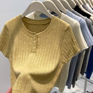 High-End Women's Summer Knitted Shirt - Stylish Yellow Short Sleeve Top with Round Neck Design - Trendy Niche Fashion