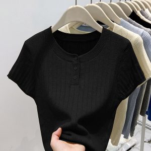 High-End Women's Summer Knitted Shirt - Stylish Yellow Short Sleeve Top with Round Neck Design - Trendy Niche Fashion