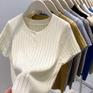 High-End Women's Summer Knitted Shirt - Stylish Yellow Short Sleeve Top with Round Neck Design - Trendy Niche Fashion