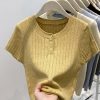 High-End Women's Summer Knitted Shirt - Stylish Yellow Short Sleeve Top with Round Neck Design - Trendy Niche Fashion