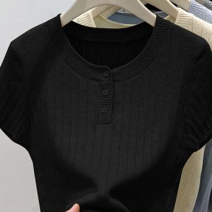 High-End Women's Summer Knitted Shirt - Stylish Yellow Short Sleeve Top with Round Neck Design - Trendy Niche Fashion