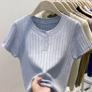High-End Women's Summer Knitted Shirt - Stylish Yellow Short Sleeve Top with Round Neck Design - Trendy Niche Fashion