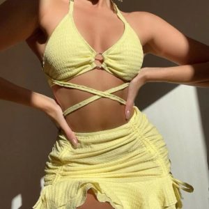 High-End Women's Three-Piece Skirt-Style Bikini Swimsuit 2025 Summer Hollow Design for Beach and Hot Springs