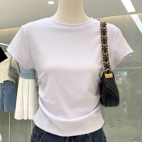 High-End Women's Waist-Cinching Pleated Slim-Fit Basic White Short Sleeve T-Shirt - Chic and Versatile for Y2K Fashion