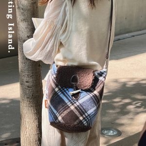High-End Woolen Plaid Crossbody Commuter Tote Bucket Bag - Large Capacity, Stylish Everyday Essential