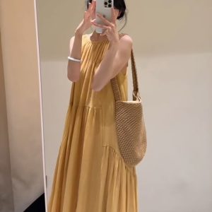 High-End Yellow Spaghetti Strap Dress for Women - French Style Loose Slimming Summer Fashion 2025