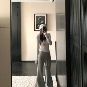 High-Frequency God Pants Wide Waist Ribbed Fleece Flared Sweatpants for Women - Versatile Casual Draped Style for Spring & Winter