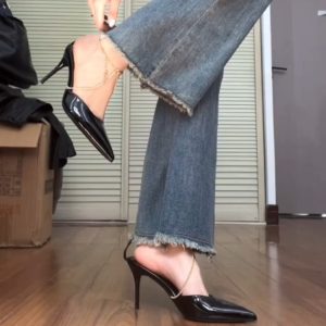 High-Heeled Cross Chain Sandals for Women, Patent Leather Pointed Toe, Thin Heel, Sexy Closed-Toe Summer Style 2023
