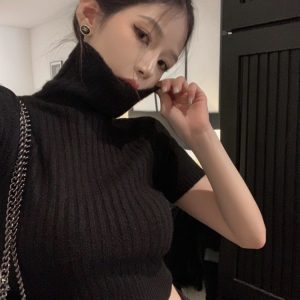 High-Neck Cropped Sweater for Women - Fitted Slimming Thick Knit Top, Autumn Winter Niche Style, Short Sleeve Fashion
