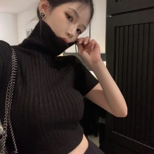 High-Neck Cropped Sweater for Women - Fitted Slimming Thick Knit Top, Autumn Winter Niche Style, Short Sleeve Fashion